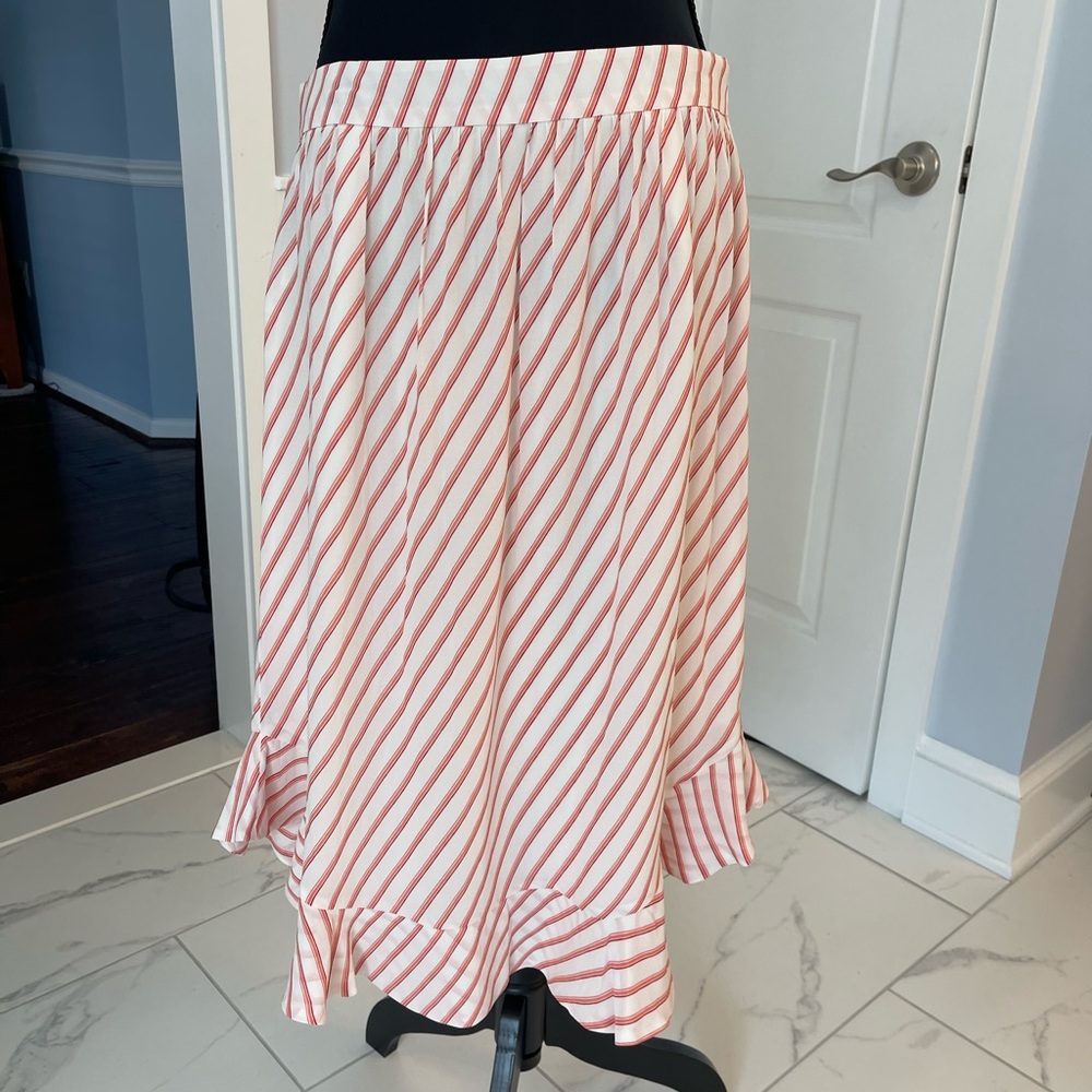 LOFT White and Pink Midi A-Line Skirt with Ruffled Details